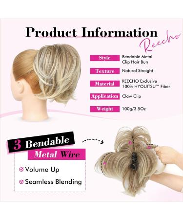 REECHO Hair Bun Claw Clip Messy Bun Hair Piece Short Ponytail Extension with Bendable Metal Wire Fake Bun Hair Pieces for Women - Dark Blonde with Golden Blonde Tail - Buy Online on SooperMarket.com