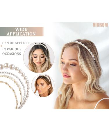 4 Pcs Pearl Headbands for Women - Gold & White Faux Pearl Hair Band with Rhinestones - Bridal Headdress Hair Hoop - Buy Online on SooperMarket.com