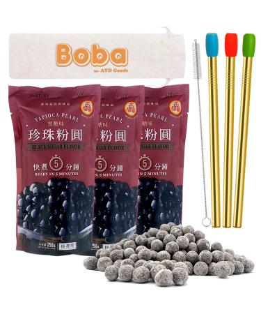 WuFuYuan Tapioca Boba Pearls for Bubble Tea - At Home DIY Kit - Plus 3 Reusable Stainless Steel Round Boba Straws and 1 Cleaning Brush - Restaurant Style