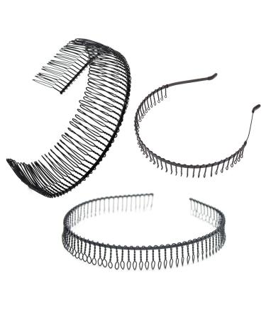 3 Pcs Unisex Black Metal Toothed Hairdressing Hair Band Head Band Hair Hoop Teeth Comb Headwear Elastic Non Slip Accessory for Women and Men
