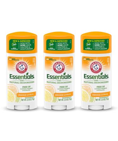 ARM & HAMMER Essentials Deodorant- Orange Citrus- Solid Oval - Made with Natural Deodorizers- Free From Aluminum, Parabens & Phthalates, 2.5 oz (Pack of 3)