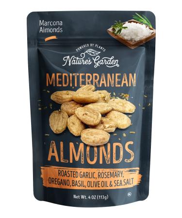 Nature's Garden Mediterranean Almonds, 4 oz (Pack of 6) - Roasted Garlic Almond, Savory Almond Snacks, Flavored Nuts Snack Pack, Seasoned Bulk Almonds, Gluten Free Almonds, Healthy Snacks for Adults