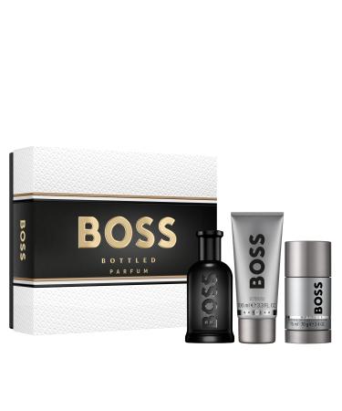 Hugo Boss Bottled Parfum Woody Ambery Men's Cologne With Notes of Leather Orris & Wood Long Lasting Fragrance 3 piece set (3.3 fl oz. + 3.3 fl oz. + 2.4 Ounce)