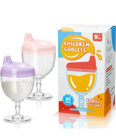 2 Pcs Baby Wine Sippy Cup Plastic Goblet Cup No Spill Wine Glass Sippy Cup Baby Goblet Cup Baby Sippy Cup Wine Glass Beverage Mug Milk Bottle with Lid for Kids on Birthday Party (Pink  Purple)