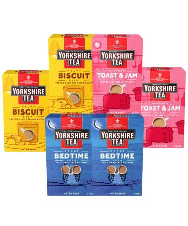 Tea Variety Bundle Containing Yorkshire Tea Malty Biscuit 125g Toast & Jam 125g Decaf Bedtime 100g 40 tea bags each (6 Pack)