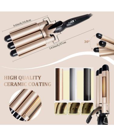 3 Barrel Curling Iron Wand- 1 Inch Ceramic Tourmaline Triple Barrels, Dual Voltage, Adjustable Temperature - Gold - Buy Online on SooperMarket.com