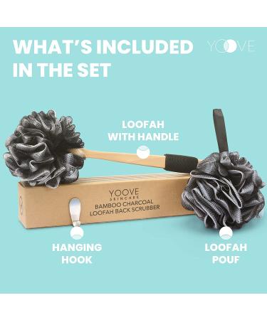 Bamboo Charcoal Infused Loofah Back Scrubber Set for Men & Women | Exfoliating Shower Sponge | Includes 1 Stick Loofah, 1 Luffa Pouf, and Hanging Hook - Black - Buy Online on SooperMarket.com