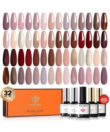 Modelones 32 PCS Gel Nail Polish Kit 28 Colors Nude Brown Gel Polish with Glitter & Glossy & Matte Gel Top Base Coat Glitter Nude Brown Red Pink Gel DIY Home Nail Curing Gifts for Women