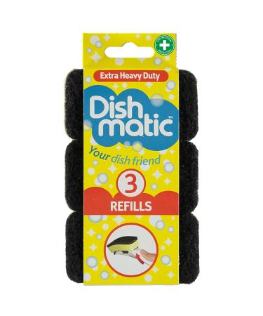 Dishmatic Black Extra Heavy Duty Dishwashing Sponge Refill Heads with Antibacterial Abrasive - Kitchen Sink Handle Refill - 3 Pack