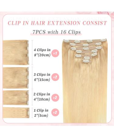Vlasy Clip in Human Hair Extensions - 20 Inch 613# Light Golden Blonde - 7 Pieces Seamless Thick Weft Hair Extensions for Women - Buy Online on SooperMarket.com