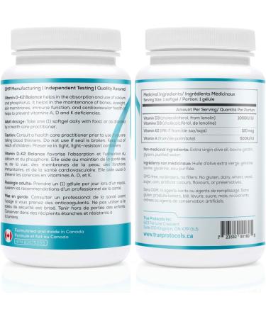 TRUE PROTOCOLS - Vitamin D-K2 Balance - Vitamin D3 (1000 IU) + Vitamin K2 MK7 (120 mcg) + Vitamin A (500 IU) - 240 Bioavailable Softgels For Strong Bones & Improved Muscle Function - 100% Non-GMO D3 K2 A Supplement 240 count (Pack of 1) 240.0 - Buy Online on SooperMarket.com