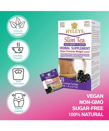 Hyleys Acai Berry Slim Tea - 25 Foil Envelope Tea Bags (0.05 oz each) | Weight Loss & Detox - Buy Online on SooperMarket.com