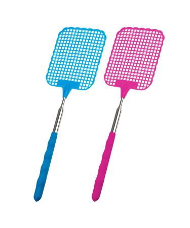 ECENCE set of 2 extendable fly swatters telescopic extendable 26 cm - 72 cm long blue and pink 14040104