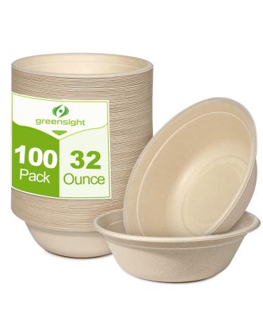 greensight Disposable Paper Bowls 32oz Heavy Duty 100 Pack Eco-friendly Compostable Bowls Party Serving Bowls For Salad Ice Cream Dessert And Hot Soup Biodegradable Bowls Made Of Sugarcane Nature