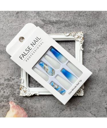 Gradient Blue White Gold Foil Fake Nails - 24Pcs Square Full Cover Long Press-on Nails for Women - Acrylic Glossy False Nails with Designs and Glue-On Technology - Buy Online on SooperMarket.com