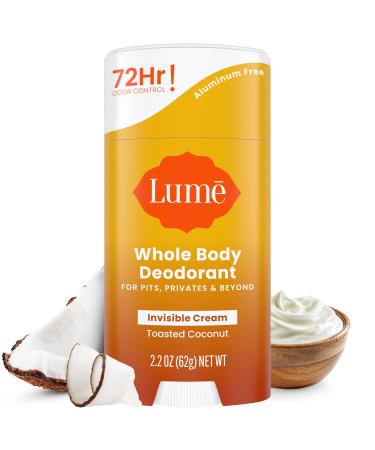 Lume Whole Body Deodorant - Invisible Cream Stick - 72 Hour Odor Control - Aluminum Free Baking Soda Free Skin Safe - 2.2 Ounce (Toasted Coconut)