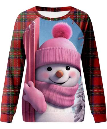 Women's Christmas Snowman Penguin Print Sweatshirt - Cute O-Neck Raglan Top Pullover for Xmas - Pink M - Buy Online on SooperMarket.com