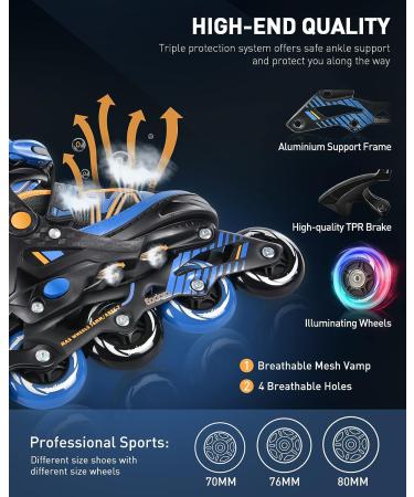 Eodora Kids Inline Skates Adjustable | Boys Girls Roller Blades with Light up Wheels | Indoor Outdoor Fun Flashing Skates | Blue Small (11J-1) - Buy Online on SooperMarket.com