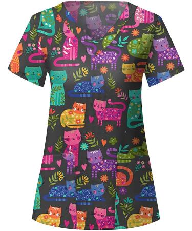 Cat Flower Print V Neck Scrub Top - XX-Large - Black | Nurse Uniform with Pockets - Buy Online on SooperMarket.com
