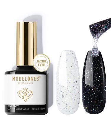 Modelones Glitter Gel Top Coat 10ml Iridescent Silver Mix Glitter Gel Polish No Wipe Top Coat Glossy Sparkly Finish Long Lasting Soak Off Rainbow Shimmer Glitter Gel Nail Polish Nail Art Manicure