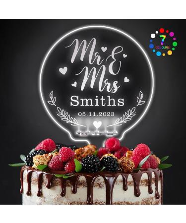 LED Personalised Wedding Cake Toppers 7 Colour Changes Light Up Cake Topper Wedding Bride and Groom Anniversary Cake Toppers MR & MRS Wedding Cake Decorations with Any Name(Design 1) - Buy Online on SooperMarket.com