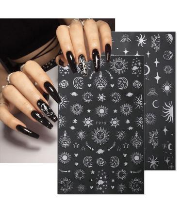 Stylish 3D Metallic Nail Art Stickers - Silver Moon Star & Snake Designs - Luxury Self-Adhesive Decals for DIY Manicure Decoration - Buy Online on SooperMarket.com