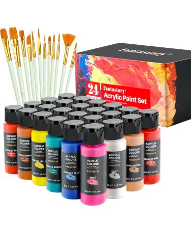 Fantastory Acrylic Paint Set With 12 Brushes 24 Colors(2oz/60ml) Craft Paint Supplies for Adults Artists Kids Beginners Painting Supplies for Ceramic Wood Fabric Model Rock Canvas Paint Set 2 Fl Oz (Pack of 24) 2 ...