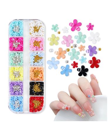 3D Flower Nail Charms- 12 Grids Acrylic Resin Blossom Nail Art Rhinestone with Pearls Gold Silver Beads Flower Gel Nails Decorations for Women Girls Manicure DIY Supplies