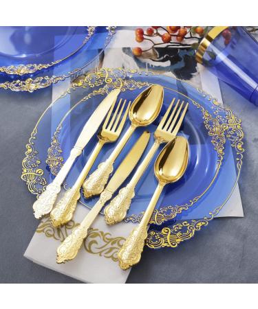 Nervure 175PCS Clear Blue Plastic Plates with Gold Trim - Ideal for Weddings & Parties - Buy Online on SooperMarket.com