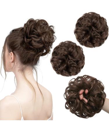 PORSMEER 2 pieces Messy Hair Buns Extensions Curly Wavy Hair Elastic Easy Scrunchies for Women Girls Large Synthetic Donut Updo Hair Pieces Hair Chignons Medium Brown 6A