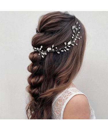 EASEDAILY Silver Leaf Flower Bride Wedding Hair Vine with Pearl Accents - 15.7inch Headpiece for Women and Girls - Buy Online on SooperMarket.com
