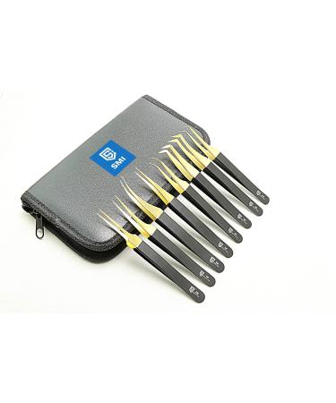 SMI 8 pieces of eyelashes twilting eyelash tweezing eyelash extensions tweezers pointed eyelash pliers bent and stainless steel artificial 3D 6d volume eyelashes with case (color gold and black)