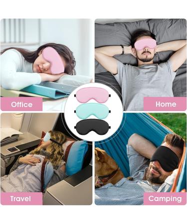 WLLHYF 3 Pcs Silk Sleep Mask Set - Soft Silk Eye Cover Blindfold with Elastic Strap - Night Blocking Out Light Eyeshade - Adjustable Travel Nap Sleep Eye Mask for Men and Women (Black Pink Blue) - Buy Online on SooperMarket.com