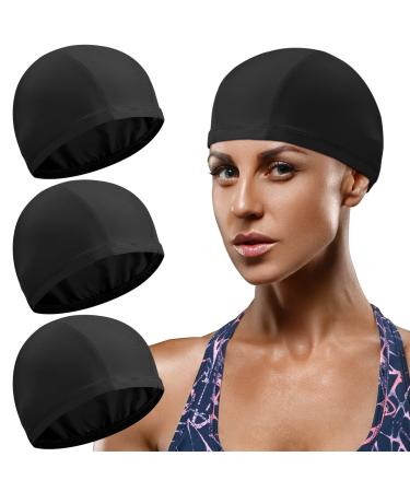 3 Pack Elastic Swimming Caps Comfortable Fabric Swimming Cap Unisex Swimming Cap Non-Slip Swimming Caps for Women Men Children Black