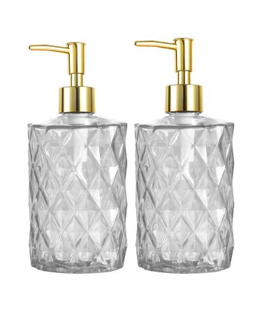 HOHAOO Versatile Glass Soap 14 Oz Dripless Pump Bottle Refillable Liquid Hand Jar Dispenser for Bathroom Countertop Kitchen Laundry Room(2 Pack Clear-Diamond Streak Diamond Streak Clear