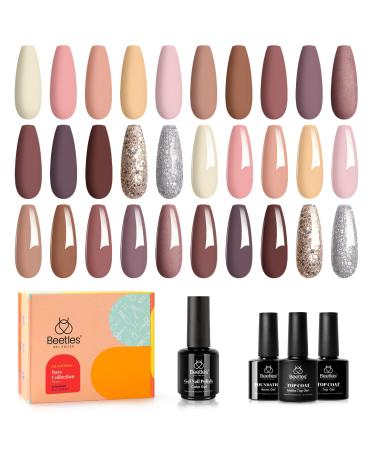 Beetles Bare Collection Gel Nail Polish Kit-15ml Pastel Pink Nude Gel Polish Set Brown Glitter Gel Nail Kit Peach Natural Skin Tone Nail Art with Glossy Matte Base Top Coat Nail Art Manicure Kits