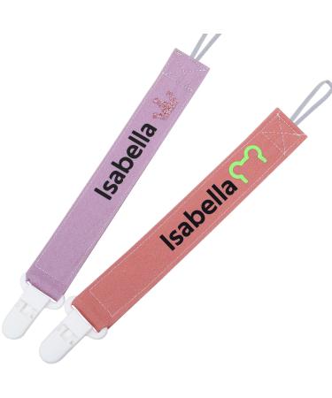 Ausbay Personalized Pacifier Clip with Name(2 Pack) Paci Holder Leash with Name Customized Paci Holder Leash for Baby Boys and Girls Shower Gift Fits All Pacifiers (Dark Pink+Purple)