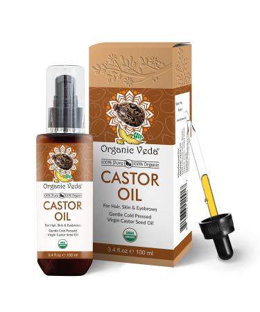 Organic Veda Pure Castor Oil - 100% Organic Castor Seeds Oil - Cold Pressed Virgin Castor Oil - Promotes Healthy Hair Growth Eyebrows Eyelashes Nails & Skin - No Additive Chemicals - 100 mL