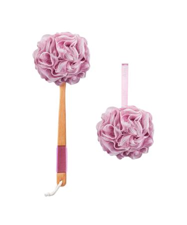 AmazerBath Shower Sponge Loofah Back Scrubber, PE Soft Mesh Loofah Body Scrubber with Long Wooden Handle, Bath Sponge for Men Women (Pink)