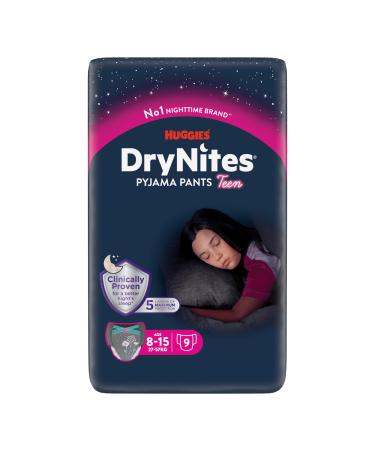 Huggies DryNites Night Diapers for Girls 8-15 Years (27-57 kg) Highly Absorbent for Bedwetting 9 Pack (1 Pack) Diaper Pants