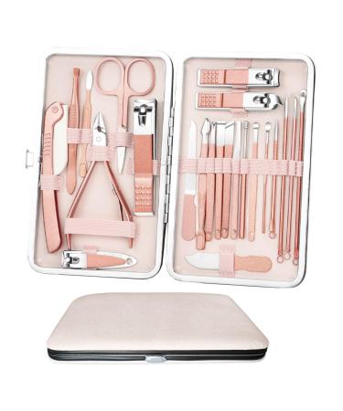 Acehome Nail Clipper Manicure Set 23 In 1 Stainless Steel Professional Pedicure Kit Nail Scissors Grooming Kit with Pink PU Leather Case for Travel & Home Use (Pink Leather) Pink-23