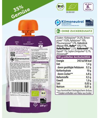 Organic Baby Food Puree - Pumpkin Pear Apple Plum Oats & Cinnamon | 32 Recyclable Squeeze Pouches (100g Each) | 8+ Months - Buy Online on SooperMarket.com