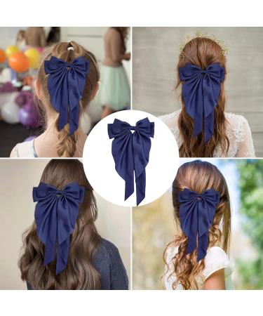 Navy Blue Bow Clips for Women Satin Hair Bow for French Long Tail Elegant and Cute Big Bows for Hair About Solid Soft Hair Accessories Birthday Wedding Party Gifts - Buy Online on SooperMarket.com