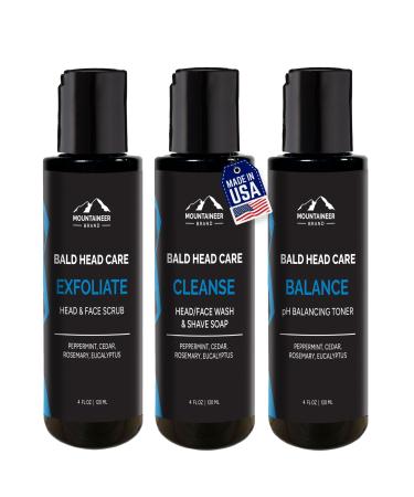 Mountaineer Brand Bald Head Care Gifts For Bald Men | All Natural 3 Step Daily Skin Care for Healthy Scalp & Face | Exfoliate Scrub | Cleanse Wash | Shine Away PH Balance