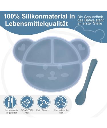 Silicone Baby Suction Plate with Lid and Spoon - Kid Divided Weaning Plate in Blue | BPA Free & Dishwasher Safe - Children's Dinnerware Set - Buy Online on SooperMarket.com