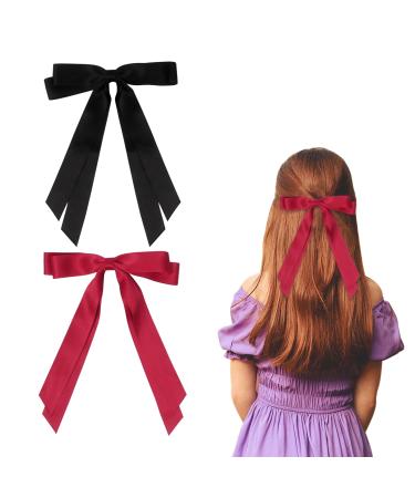 2 Pack Hair Bows for Women Black Bow Hair Clips French Barrette with Long Silky Satin Hair Ribbons for Women Girls(Black Red)