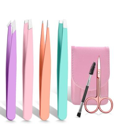 AMMON Professional Tweezer 6 Pcs Set Stainless Steel Tweezers for Eyebrows Tweezers for Woman Precision with Travel Case for Ingrown and fine Hair Removal Splinter Blackhead Remover(colorful) Colorful1