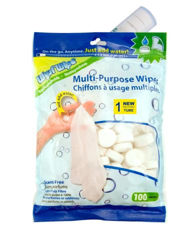 WYSI Multi-Purpose Expandable Wipes, Just Add Water - 100 Compressed Tablets and Travel Tube