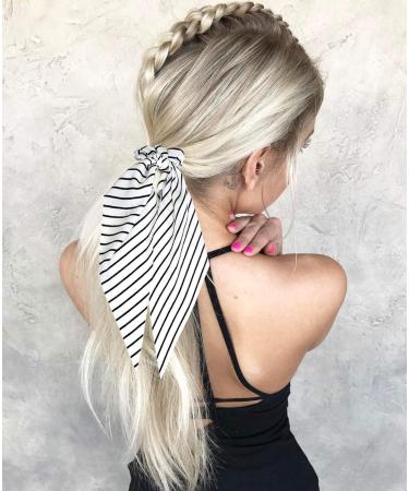 Funlovin Black White Scarf Scrunchie Hair Ribbon Ties Set - Elegant Ponytail Scrunchies with Tails for Women (6pcs) - Buy Online on SooperMarket.com