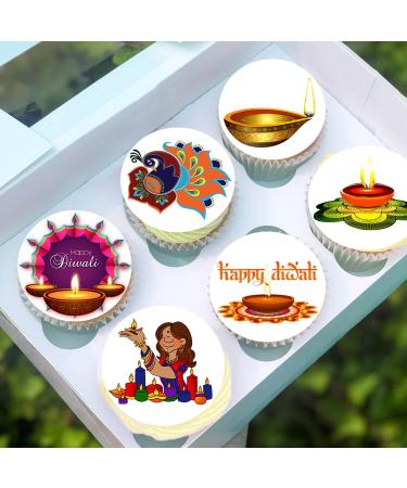 24 x Pre-Cut Happy Diwali 1 Edible Stand up Wafer/Rice Paper Cupcake Cake Toppers Festival of Lights Celebration Party Decorations